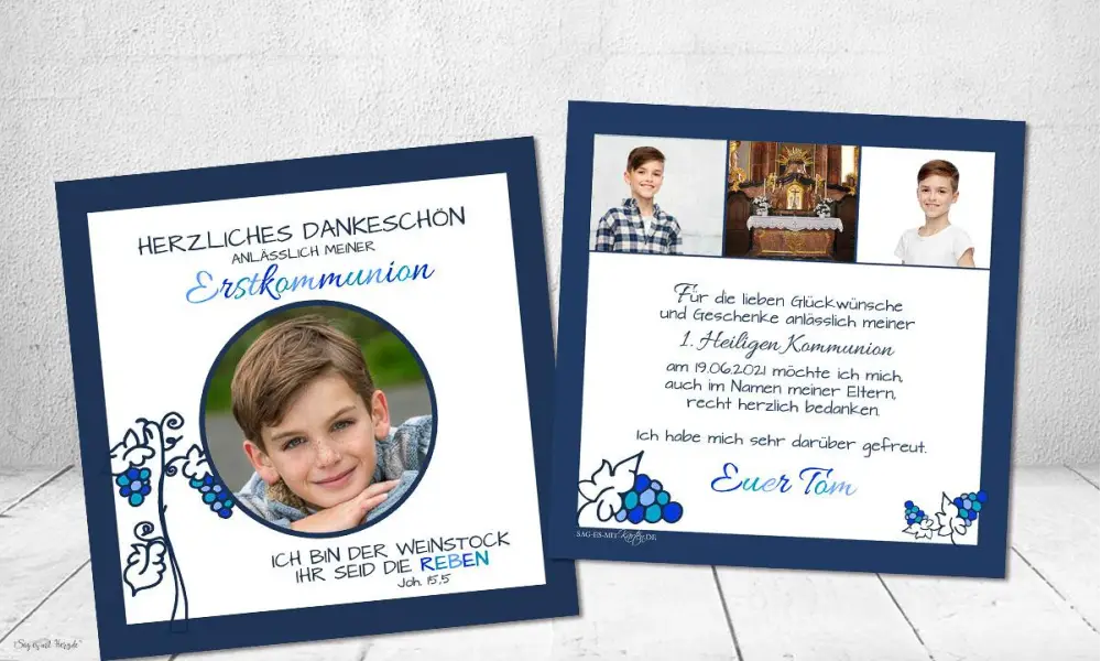 Danksagung Kommunion Weinstock blau