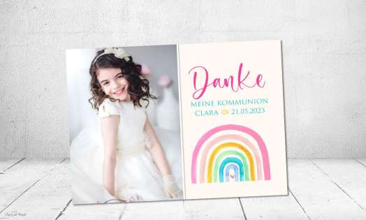 Danksagung Kommunion Mädchen Regenbogen pink