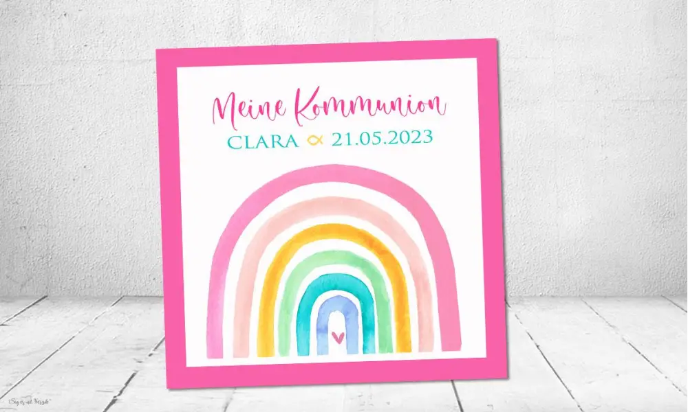 Danksagung Kommunion Mädchen Regenbogen pink