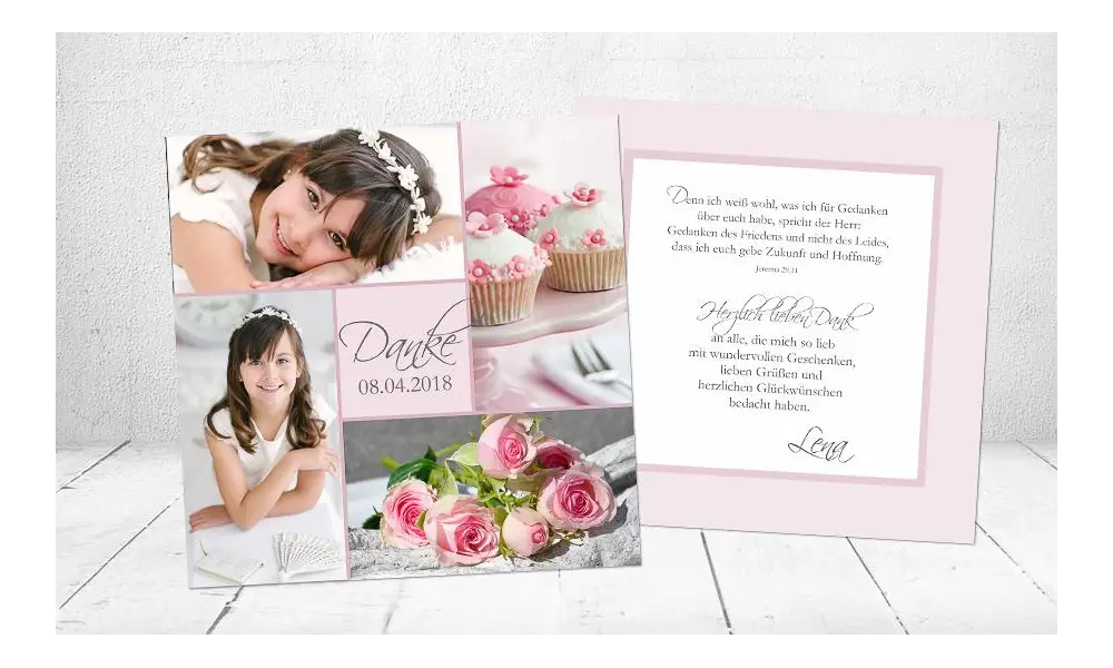 Danksagungskarten Kommunion, viele Fotos, rosa, Mädchen