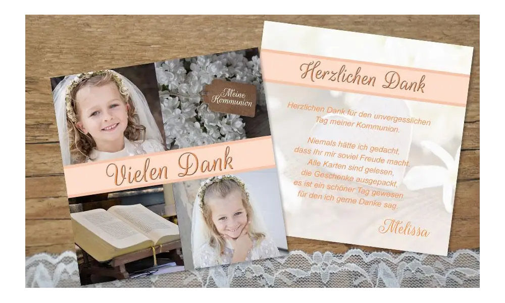 Danksagung Kommunion Konfirmation, viele Fotos, apricot, orange