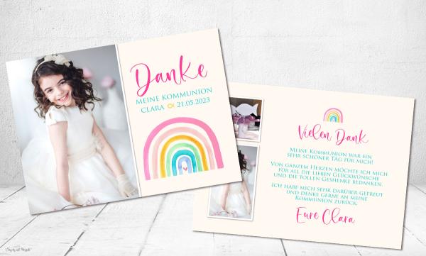 Danksagung Kommunion Regenbogen, Mädchen, pink, bunt, Postkarte