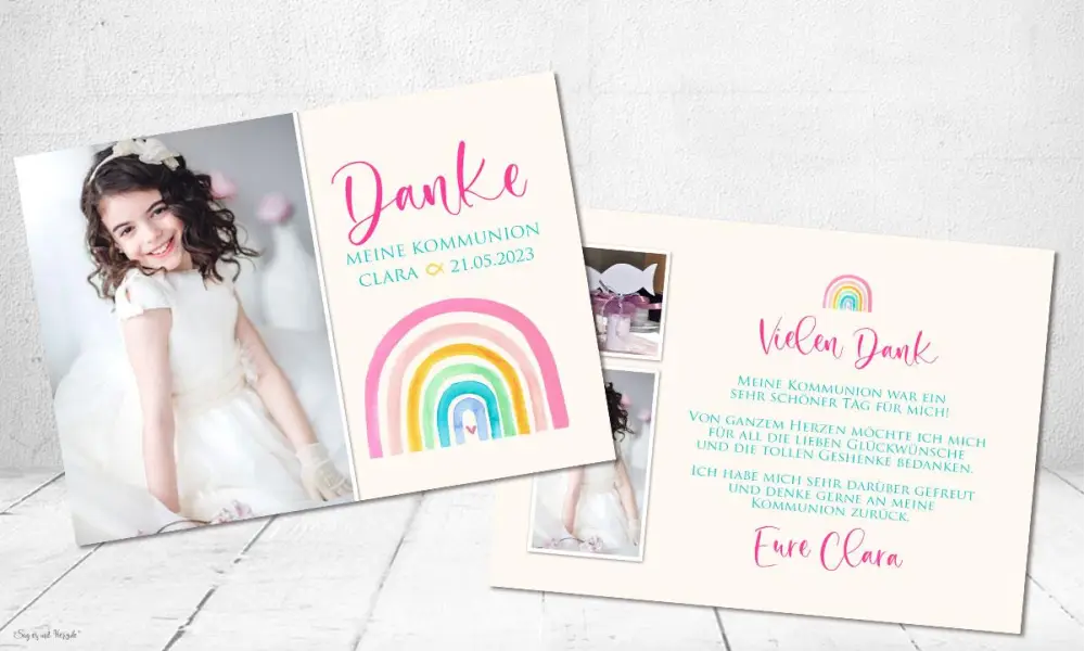 Danksagung Kommunion Regenbogen, Mädchen, pink, bunt, Postkarte