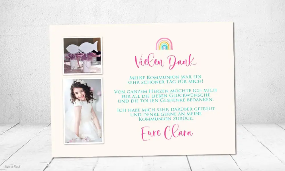Danksagung Kommunion Regenbogen, Mädchen, pink, bunt, Postkarte
