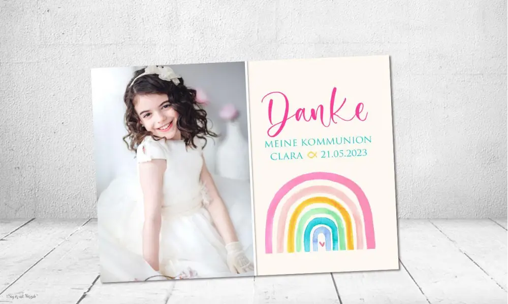 Danksagung Kommunion Regenbogen, Mädchen, pink, bunt, Postkarte