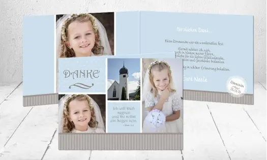 Danksagung Kommunion / Konfirmation hellblau, Klappkarte, viele Fotos