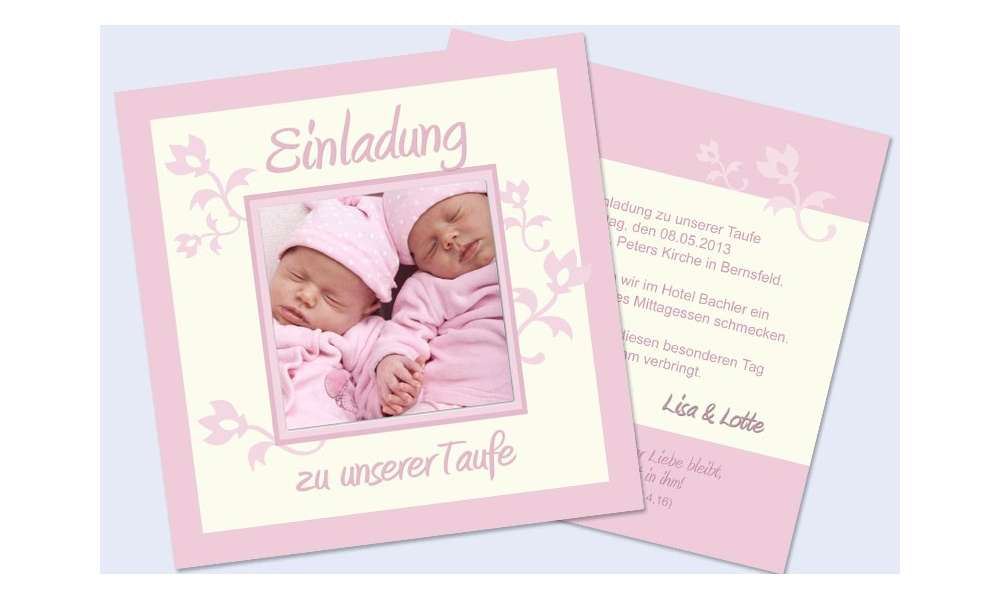 Einladung Taufe "Twins", Taufeinladung, creme rosa