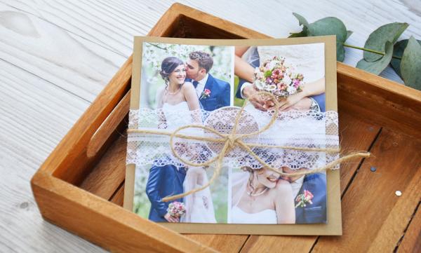 Danksagung Hochzeit Boho Fotocollage Kraftpapier mit Diy Spitze