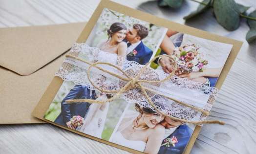 Danksagung Hochzeit Boho Fotocollage Kraftpapier mit Diy Spitze