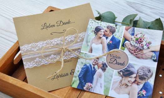 Danksagung Hochzeit Boho Fotocollage Kraftpapier mit Diy Spitze