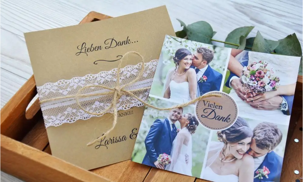Danksagung Hochzeit Boho Fotocollage Kraftpapier mit Diy Spitze