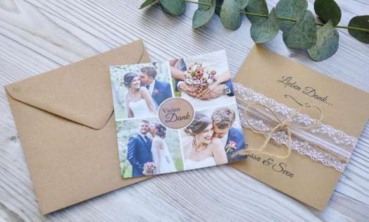 Danksagung Hochzeit Boho Fotocollage Kraftpapier mit Diy Spitze