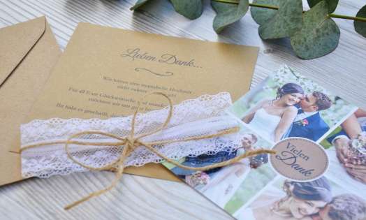 Danksagung Hochzeit Boho Fotocollage Kraftpapier mit Diy Spitze