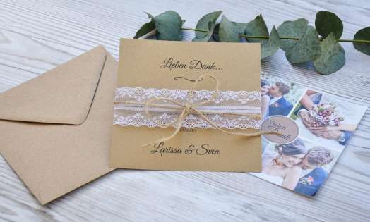 Danksagung Hochzeit Boho Fotocollage Kraftpapier mit Diy Spitze