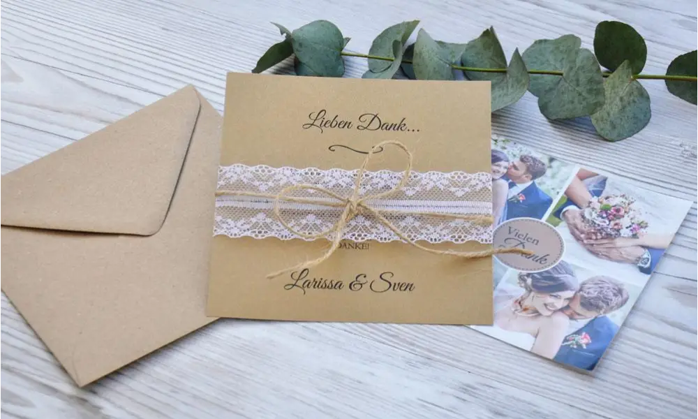 Danksagung Hochzeit Boho Fotocollage Kraftpapier mit Diy Spitze