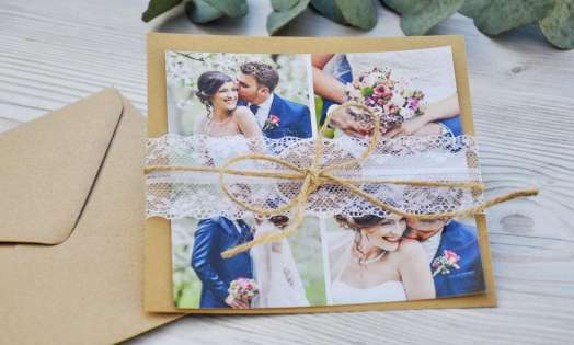 Danksagung Hochzeit Boho Fotocollage Kraftpapier mit Diy Spitze