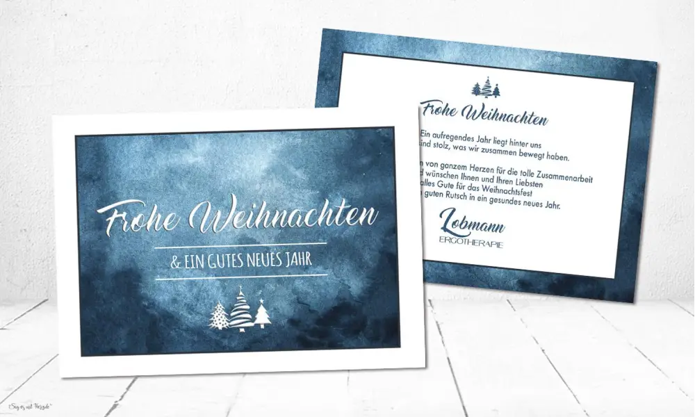 Weihnachtskarten geschäftlich Postkarte Aquarell blau mit Logo