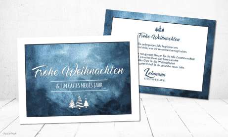 Weihnachtskarten geschäftlich Postkarte Aquarell blau mit Logo
