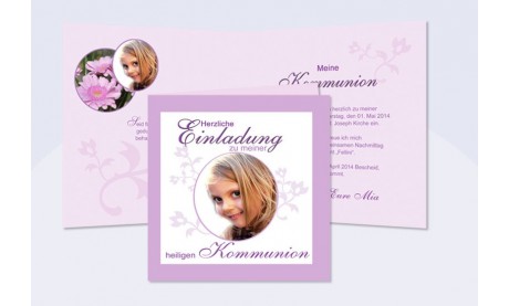 Einladung Kommunion / Konfirmation, Klappkarte 12,5x12,5 cm, rosa weiß
