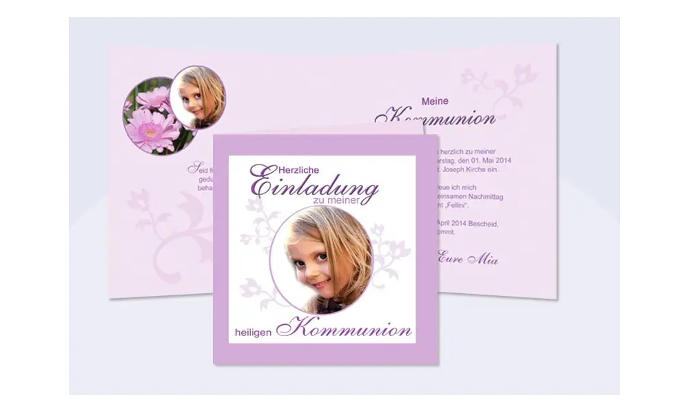 Einladung Kommunion / Konfirmation, Klappkarte 12,5x12,5 cm, rosa weiß