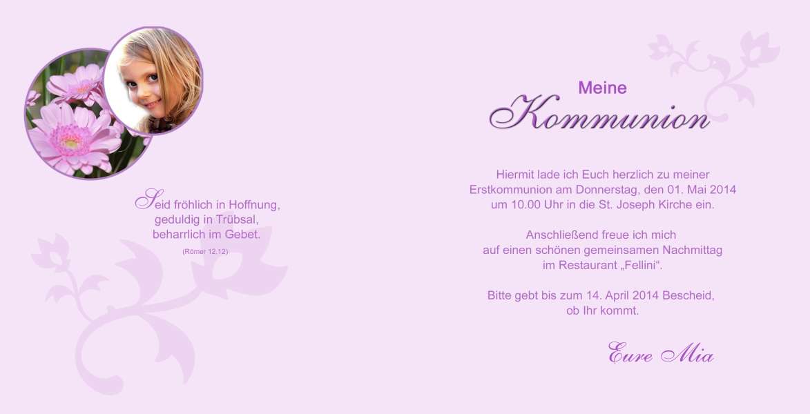 Einladung Kommunion / Konfirmation, Klappkarte 12,5x12,5 cm, rosa weiß
