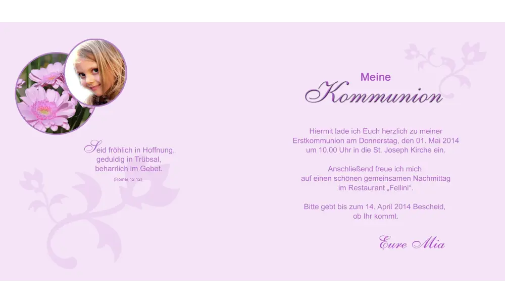 Einladung Kommunion / Konfirmation, Klappkarte 12,5x12,5 cm, rosa weiß