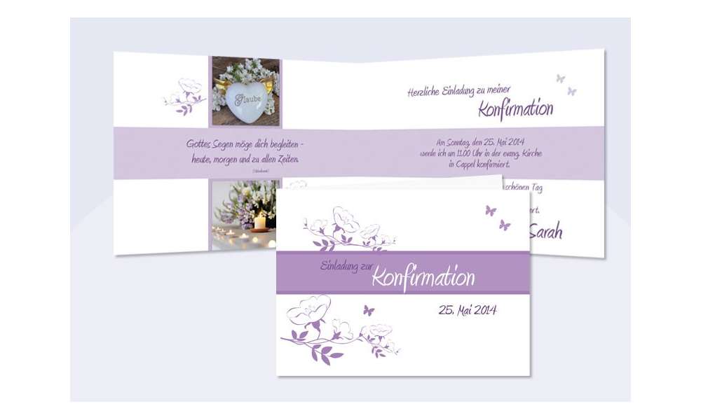 Einladung Kommunion / Konfirmation, Klappkarte, flieder Einladung Kommunion / Konfirmation, Klappkarte, flieder
