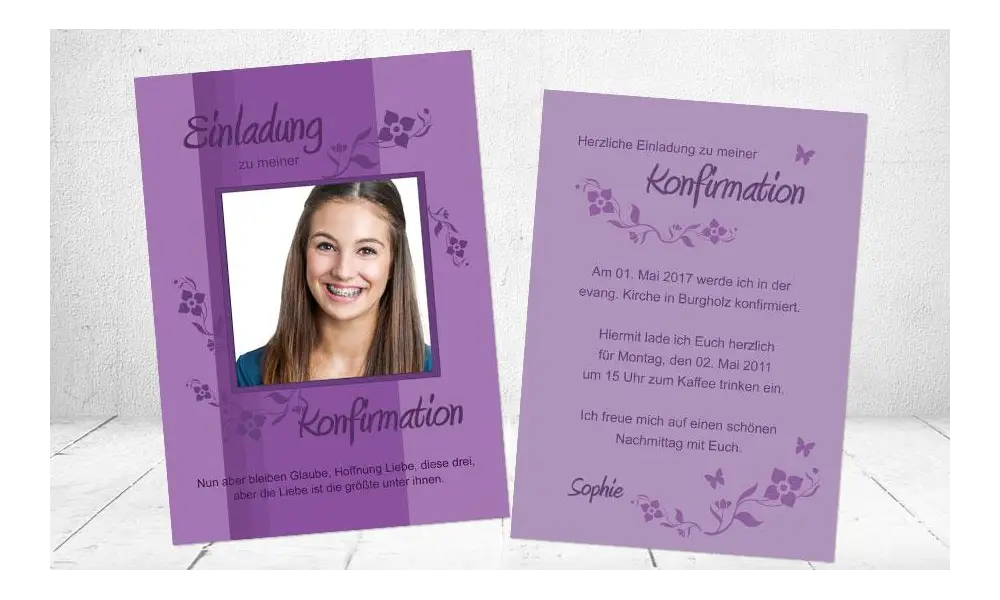 Einladung Kommunion / Konfirmation, Postkarte, lila