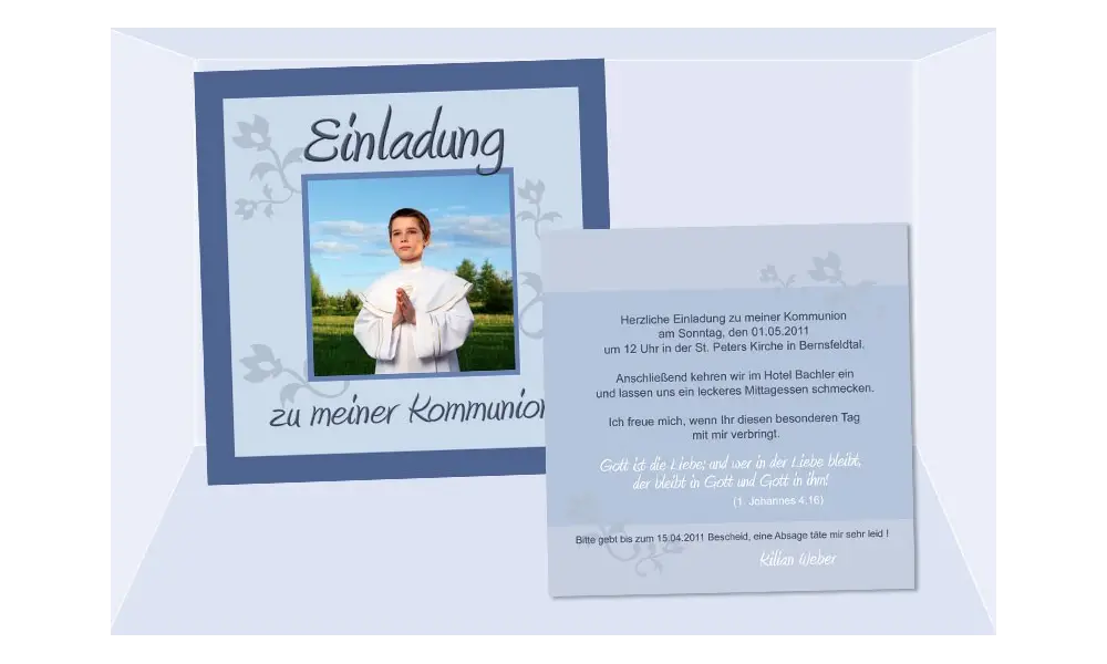 Einladung Kommunion / Konfirmation, Flachkarte 12,5x12,5 cm, blau