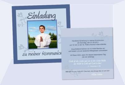 Einladung Kommunion / Konfirmation, Flachkarte 12,5x12,5 cm, blau