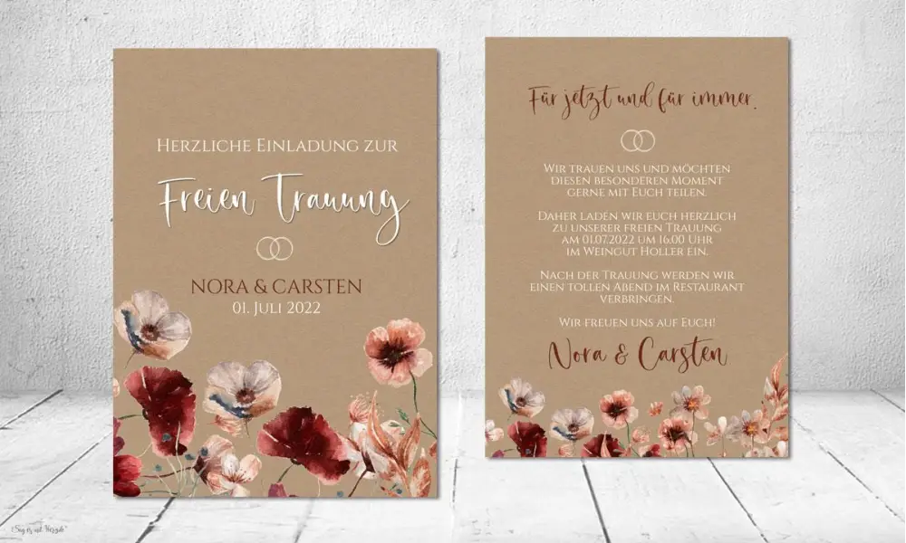 Einladungskarten Hochzeit Kraftpapier floral burgundy