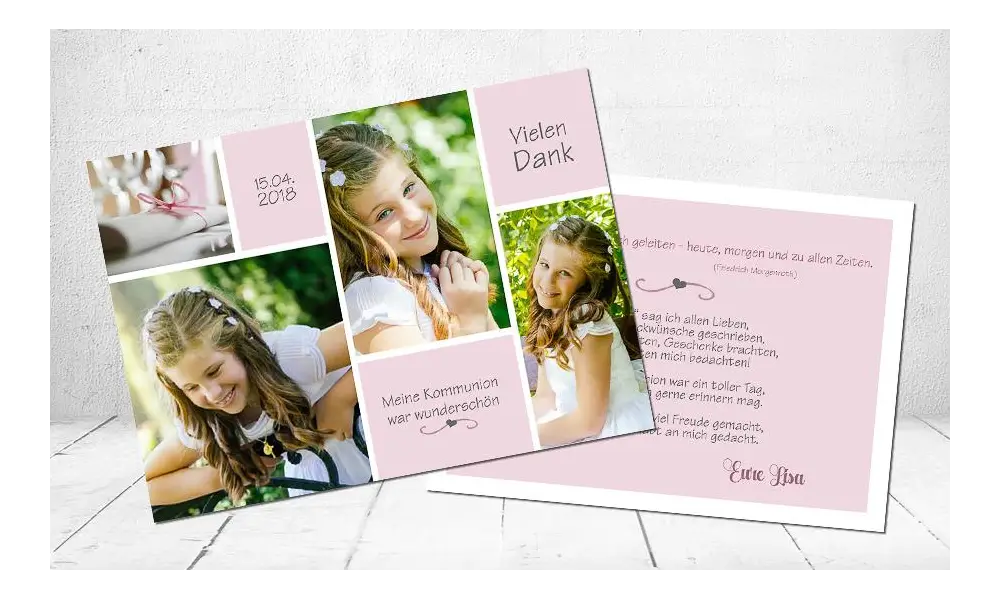 Dankeskarten Kommunion mit Foto rosa