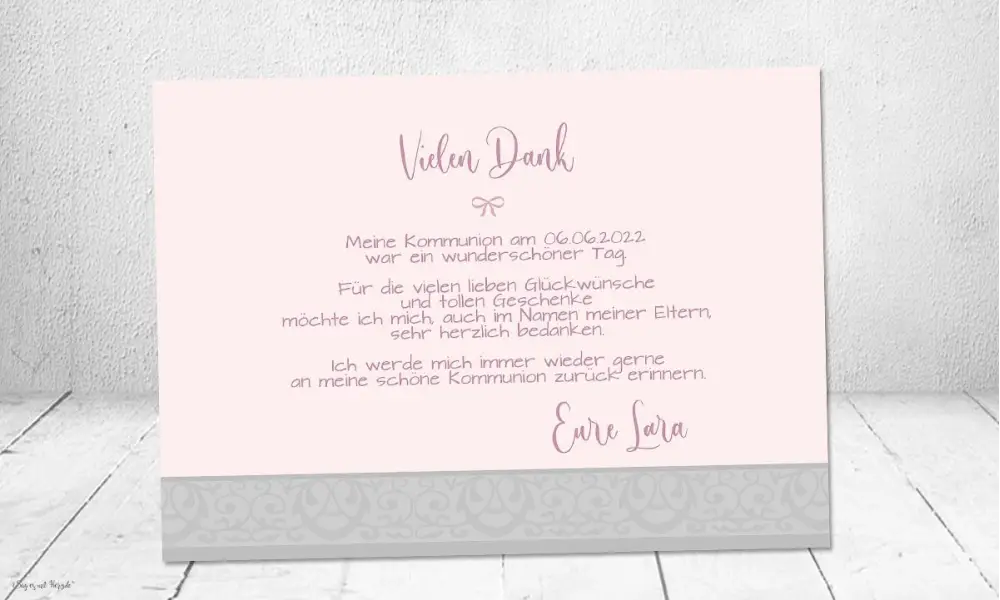 Dankeskarten Kommunion rosa grau