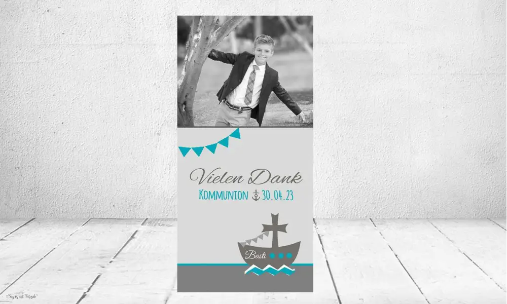 Dankeskarten Kommunion blau Boot