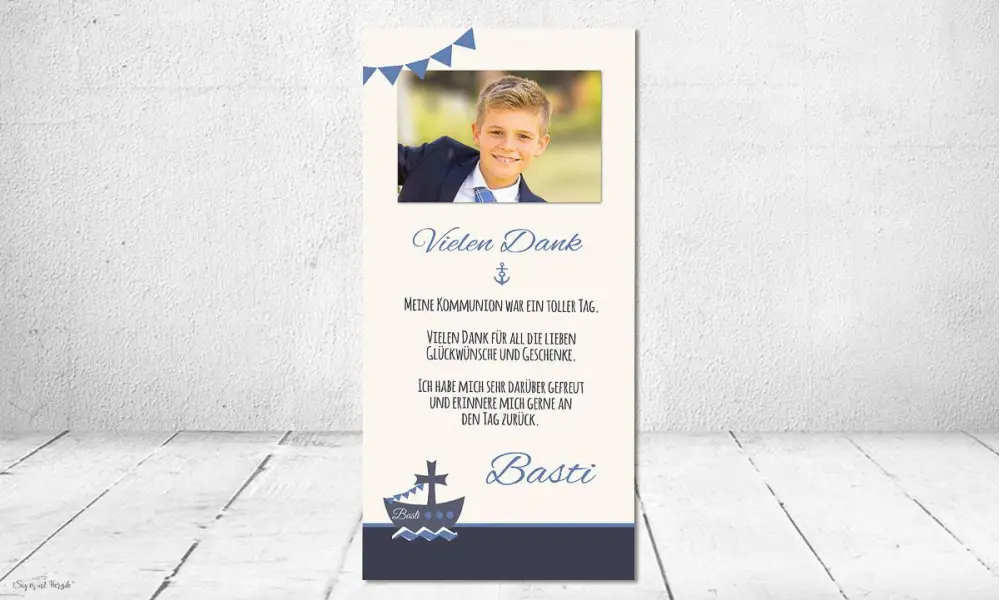Dankeskarten Kommunion blau Boot