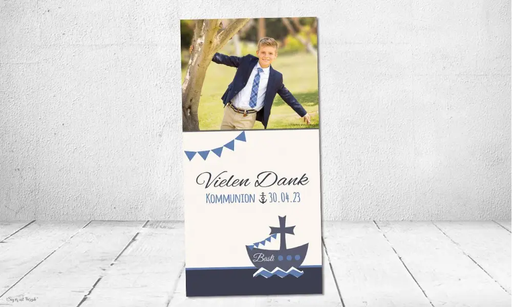 Dankeskarten Kommunion blau Boot