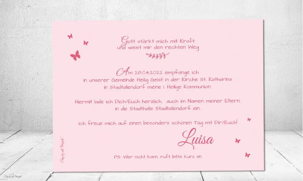 Einladungskarten Kommunion Schmetterling rosa