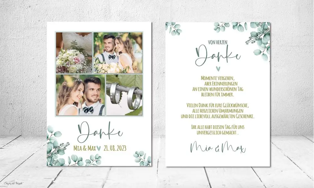 Dankeskarten Hochzeit Eukalyptus, viele Fotos