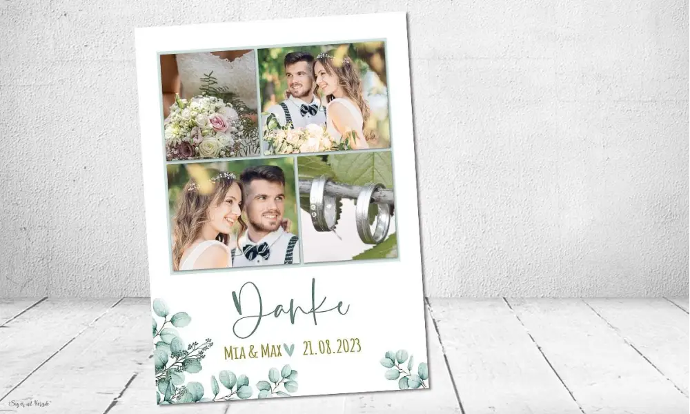 Dankeskarten Hochzeit Eukalyptus, viele Fotos
