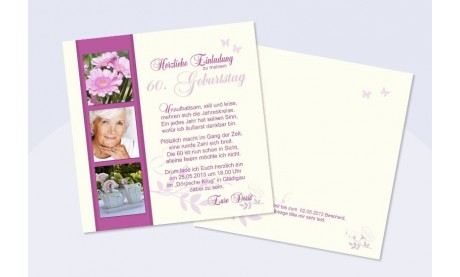 Einladungskarte 60. Geburtstag, zweiseitig, creme pink