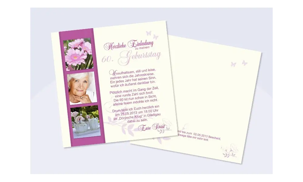 Einladungskarte 60. Geburtstag, zweiseitig, creme pink