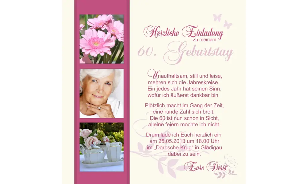 Einladungskarte 60. Geburtstag, zweiseitig, creme pink