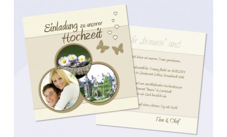 Einladungskarte Hochzeit "Schmetterling", Flachkarte 12,5x12,5 cm, creme