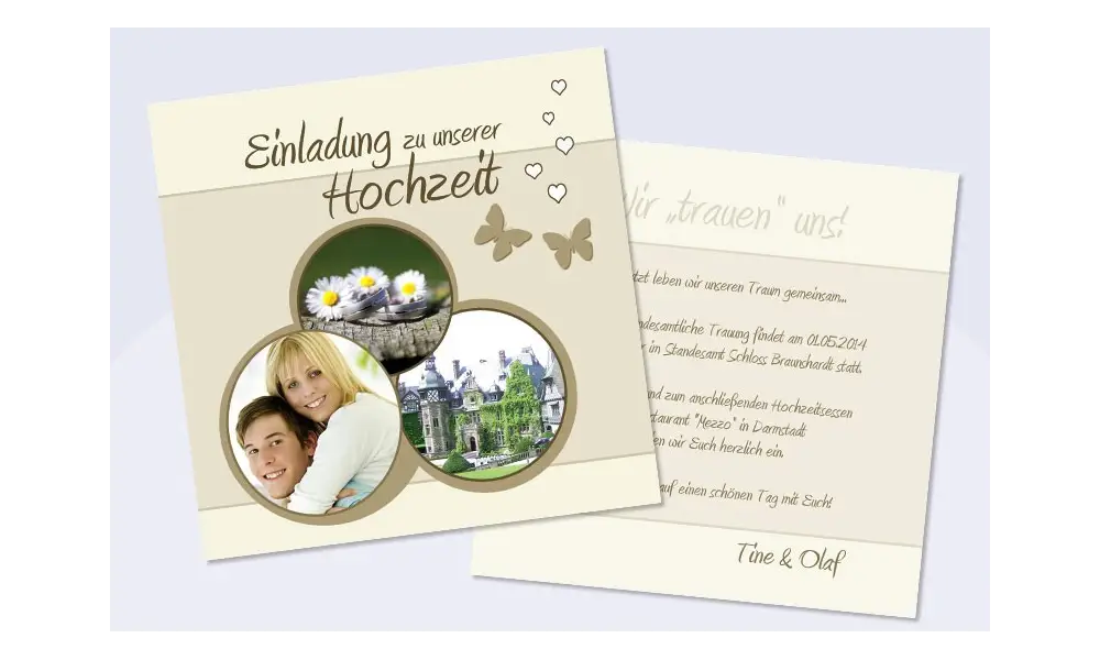 Einladungskarte Hochzeit "Schmetterling", Flachkarte 12,5x12,5 cm, creme