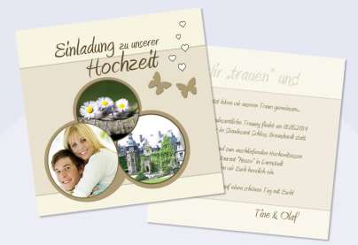 Einladungskarte Hochzeit "Schmetterling", Flachkarte 12,5x12,5 cm, creme