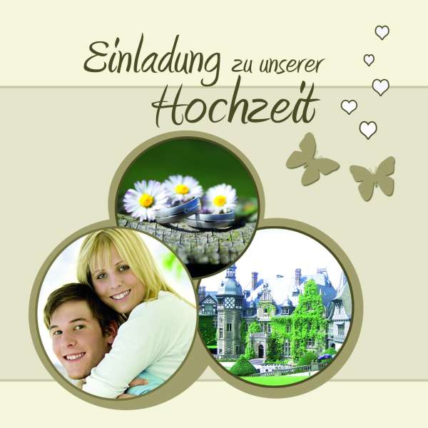 Einladungskarte Hochzeit "Schmetterling", Flachkarte 12,5x12,5 cm, creme
