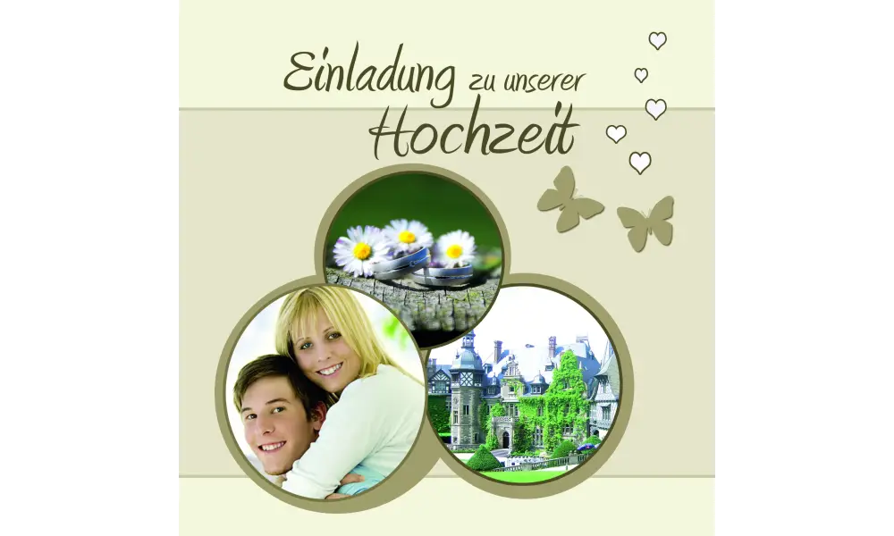 Einladungskarte Hochzeit "Schmetterling", Flachkarte 12,5x12,5 cm, creme