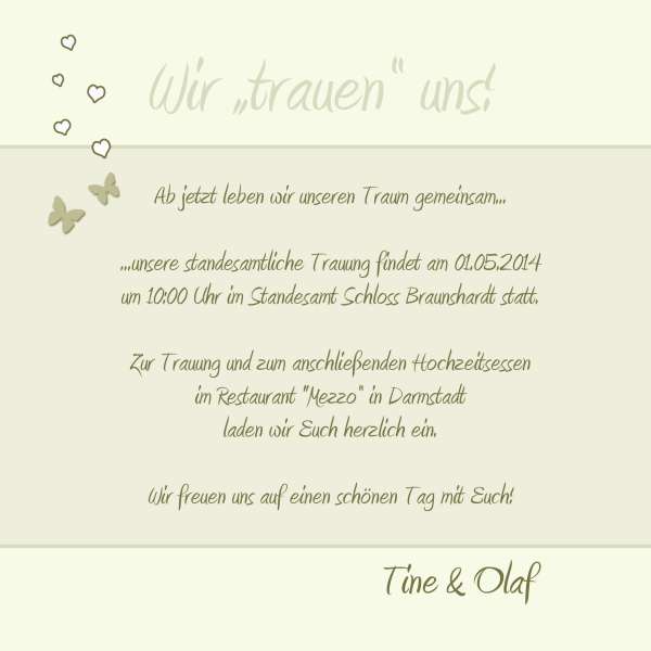 Einladungskarte Hochzeit "Schmetterling", Flachkarte 12,5x12,5 cm, creme