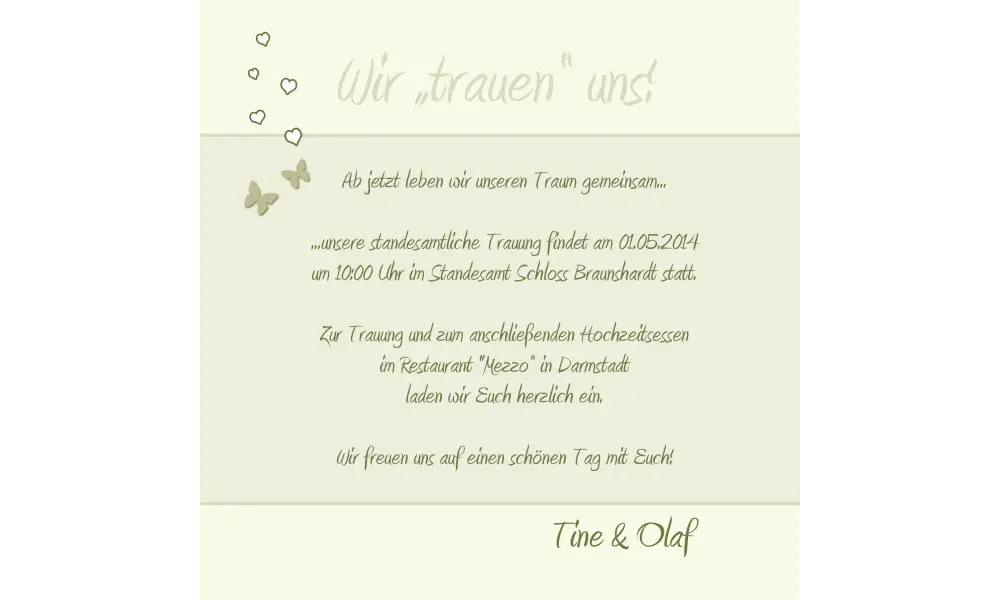 Einladungskarte Hochzeit "Schmetterling", Flachkarte 12,5x12,5 cm, creme
