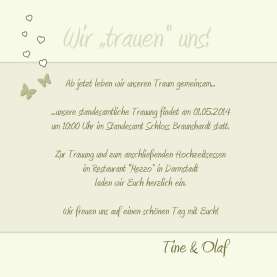 Einladungskarte Hochzeit "Schmetterling", Flachkarte 12,5x12,5 cm, creme